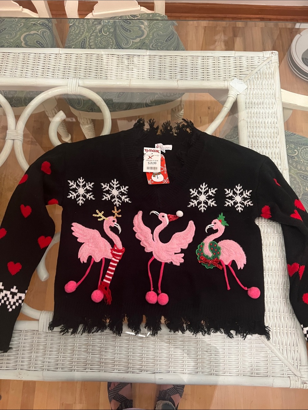 Women's Black Crewneck Sweater with Pink Flamingo Holiday Appliqués